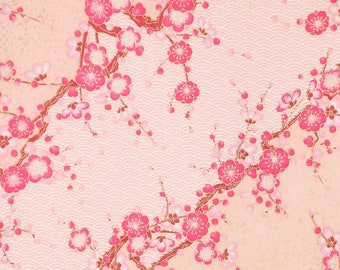 May include: A pink and white floral pattern with delicate pink flowers and branches on a light pink background. The pattern is reminiscent of cherry blossoms.