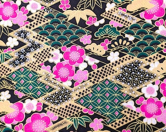 Origami Paper - Washi Paper - Yuzen Paper - Chiyogami Paper -Various Pack Sizes - Pink Plum Blossoms on Black & Green - #0924