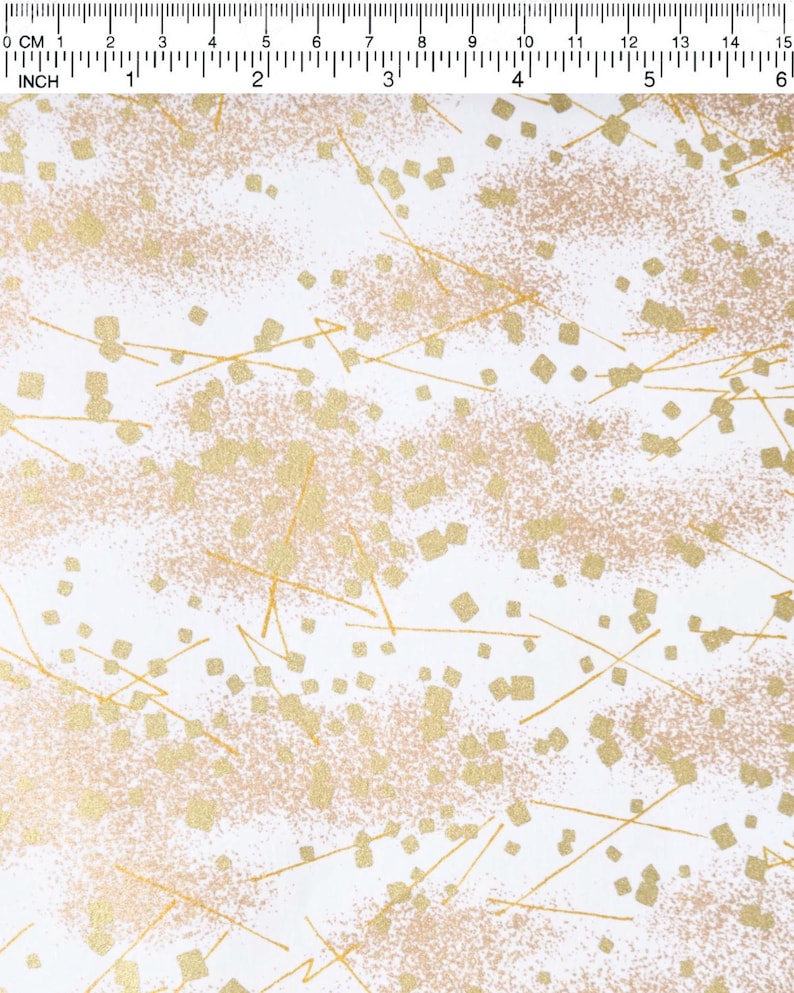 Japanese chiyogami paper featuring scattered metallic gold geometric shapes and fine gold lines on a white background.