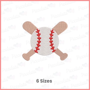 May include: A baseball and two crossed bats design. The baseball is white with red stitching, and the bats are tan. The image has the text "6 Sizes" at the bottom.
