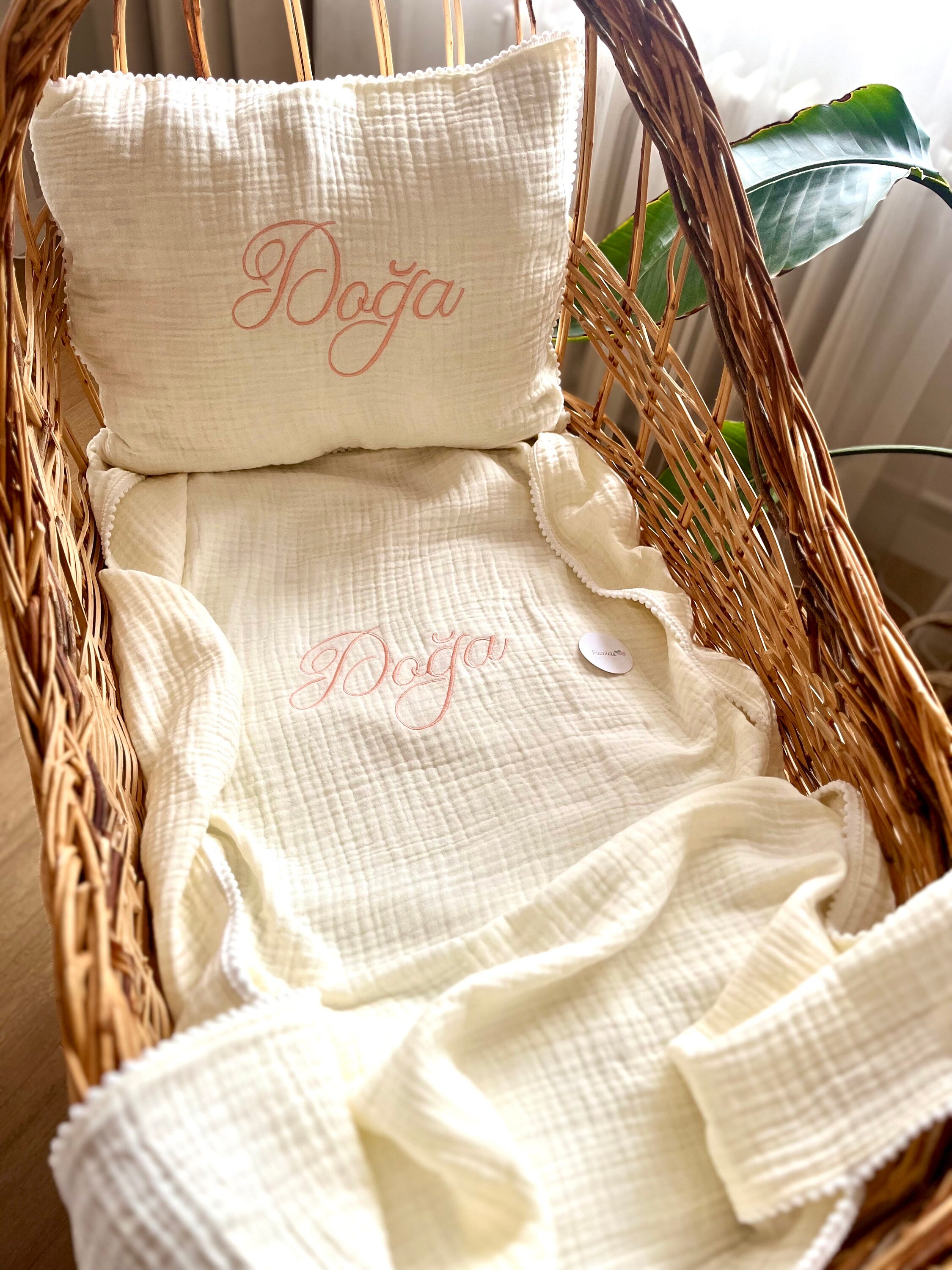 Personalized Baby Name Pillow Case and Blanket Set Custom Embroidered