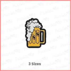 May include: An embroidered patch design of a yellow beer mug with a thick white foam head overflowing from the top. The mug features a black outline, vertical yellow panels, and a handle on the right side. The text 3 Sizes appears below.