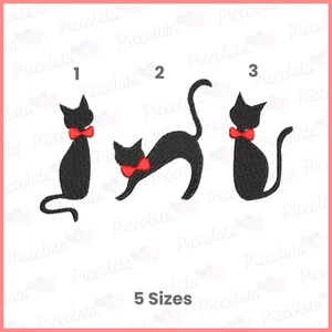 May include: Three black cat designs with red bow ties. The cats are in different poses, with one sitting, one stretching, and one with its back arched. The text "5 Sizes" is at the bottom.