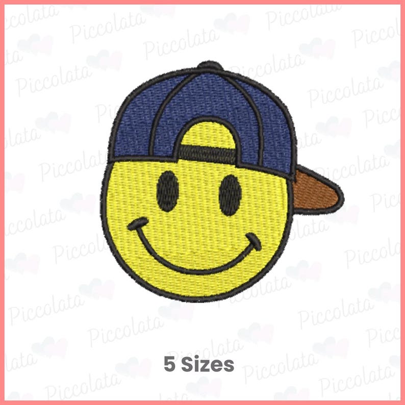 May include: Embroidered smiley face with a blue baseball cap and brown brim. The smiley face is yellow with black eyes and a black smile.