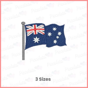 May include: An embroidered design of the Australian flag featuring a blue field with the Union Jack in the upper left corner, a large white Commonwealth Star below it, and five smaller white stars on the right, all attached to a gray pole.