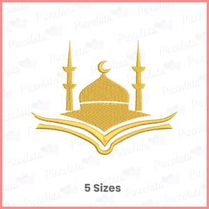May include: A gold embroidery design of a mosque with a crescent moon on top, sitting on an open book. The design is available in 5 sizes.