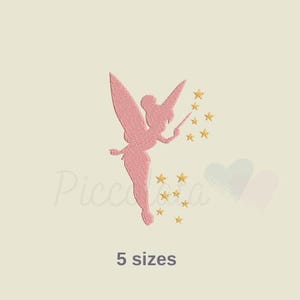 May include: Pink silhouette of a fairy with wings and a wand, sprinkling gold stars. The fairy is facing right and has a pixie-like appearance. The image includes the text "5 sizes".