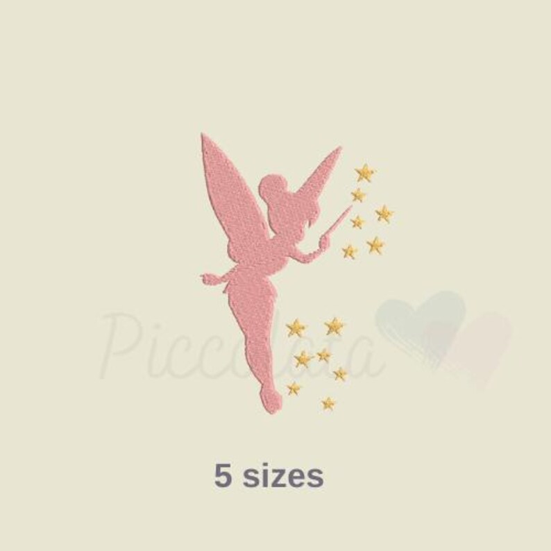 May include: Pink silhouette of a fairy with wings and a wand, sprinkling gold stars. The fairy is facing right and has a pixie-like appearance. The image includes the text "5 sizes".