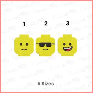 May include: Three yellow Lego-style head patches with different facial expressions: a smile, sunglasses, and a smiling face with an open mouth. The text "5 Sizes" is at the bottom.
