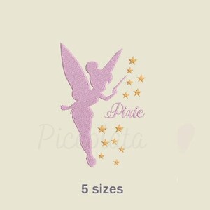 May include: Pink silhouette of a fairy with a wand and stars, with the word "Pixie" in gold lettering.