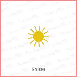 May include: A yellow sun design with a textured center and radiating lines. The image is on a white background with the text "5 Sizes" at the bottom. The design is likely for embroidery or digital art.