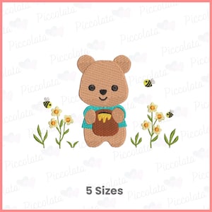 May include: A brown bear wearing a blue shirt, holding a honey pot, surrounded by flowers and bees. The image has the text "5 Sizes". This design is suitable for embroidery or crafting projects.
