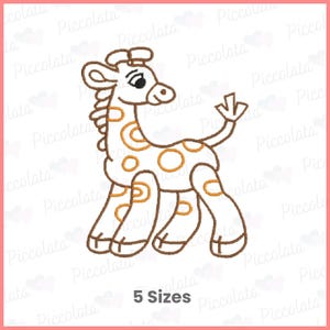 May include: A line drawing of a giraffe with brown outlines and orange spots. The giraffe is standing on all four legs with its head turned to the side. The giraffe has a bow on its head. The image is on a white background.