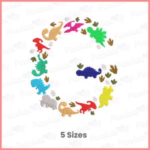 Borduurontwerp dinosaurus letter G – kinderalfabet machineborduurwerk – monogram dino-thema – direct downloaden