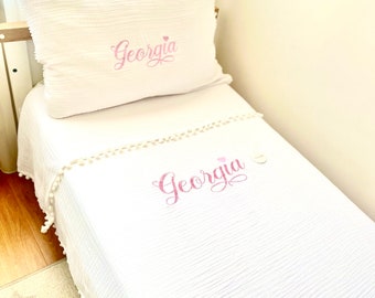 Personalized Bedding Set Custom embroidered Pillowcase and Blanket Set, Custom Bedding Set, Muslin Bedding Set