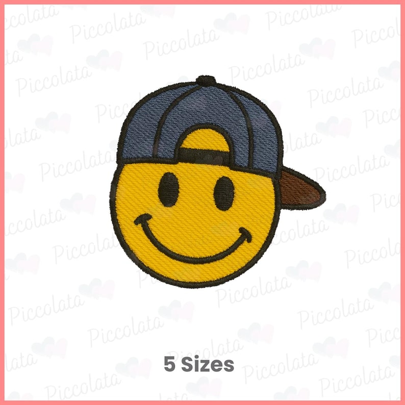 May include: A yellow smiley face wearing a blue baseball cap with a brown brim. The smiley face has a black outline and black eyes.