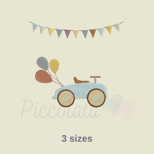 May include: A blue toy car with brown wheels and a brown steering wheel. The car has three balloons attached to the back, one red, one yellow, and one blue. A string of colorful flags hangs above the car.