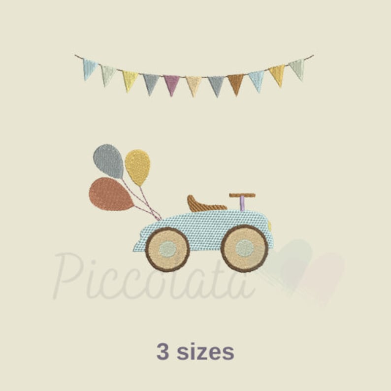 May include: A blue toy car with brown wheels and a brown steering wheel. The car has three balloons attached to the back, one red, one yellow, and one blue. A string of colorful flags hangs above the car.