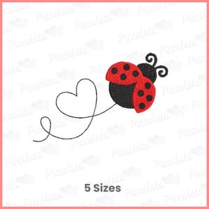 May include: A red and black ladybug with black spots and a heart-shaped tail. The ladybug is connected to a heart shape by a curved line. The text "5 Sizes" is at the bottom.