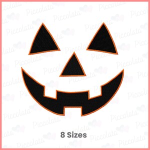 May include: Black and orange embroidery design of a jack-o'-lantern face. The design is available in 8 sizes.