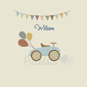 May include: A blue toy car with brown wheels and a brown steering wheel. The car has a light blue and white checkered pattern. There are three balloons tied to the back of the car. The balloons are yellow, purple, and orange. The name "William" is written in blue cursive above the car. A string of colorful flags hangs above the name.