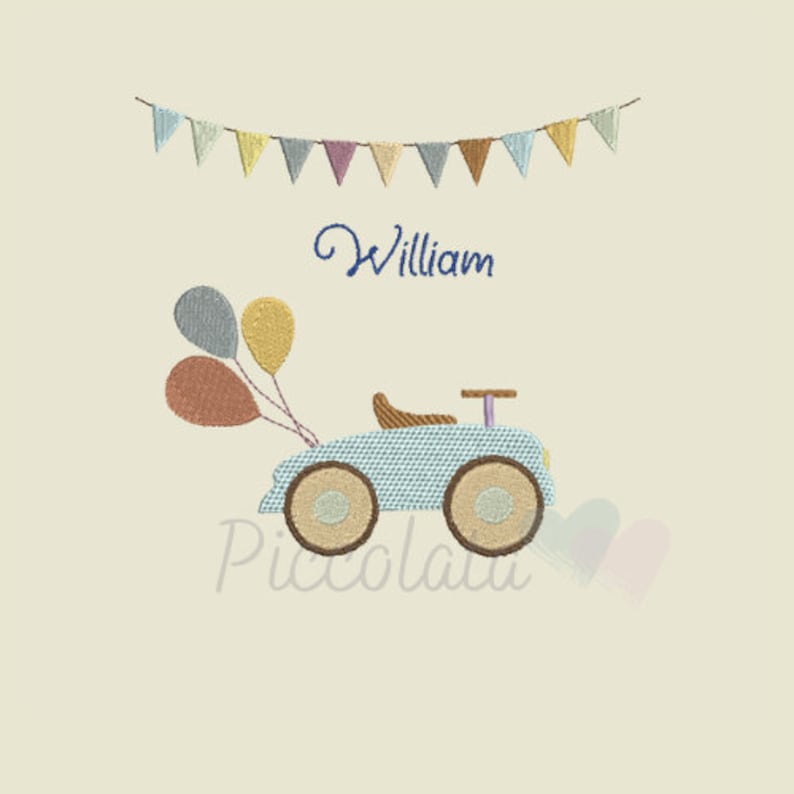 May include: A blue toy car with brown wheels and a brown steering wheel. The car has a light blue and white checkered pattern. There are three balloons tied to the back of the car. The balloons are yellow, purple, and orange. The name "William" is written in blue cursive above the car. A string of colorful flags hangs above the name.