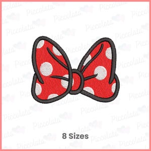 May include: Red and white polka dot bow with a black outline. The bow is a popular design element for children's clothing and accessories.