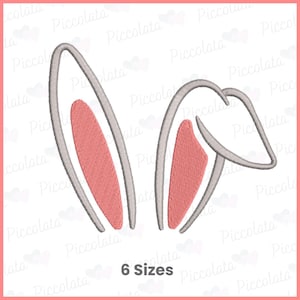 Puede incluir: Un par de orejas de conejo grises con orejas interiores rosas. Las orejas están delineadas en gris y las orejas interiores están rellenas de un color rosa sólido. La imagen incluye el texto "6 tamaños".