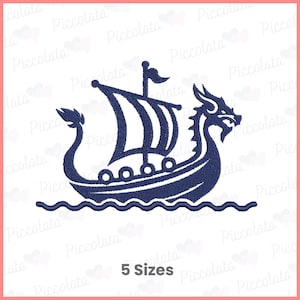 May include: An embroidered design of a Viking ship with a dragon head prow sailing on waves. The design is available in five sizes.