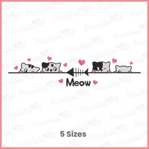 May include: A whimsical design featuring four cartoon cats peeking over a black line, with pink hearts and a fishbone arrow. The word "Meow" is written in black. The design is on a white background.
