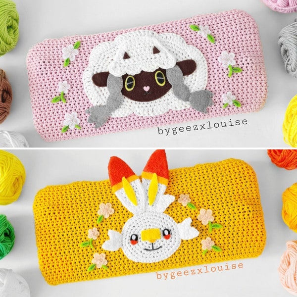 Étui au crochet pour Nintendo Switch - Scorbunny et Wooloo - thème Pokémon 7e et 8e générations - pochette avec fleurs brodées *prêt à être expédié*