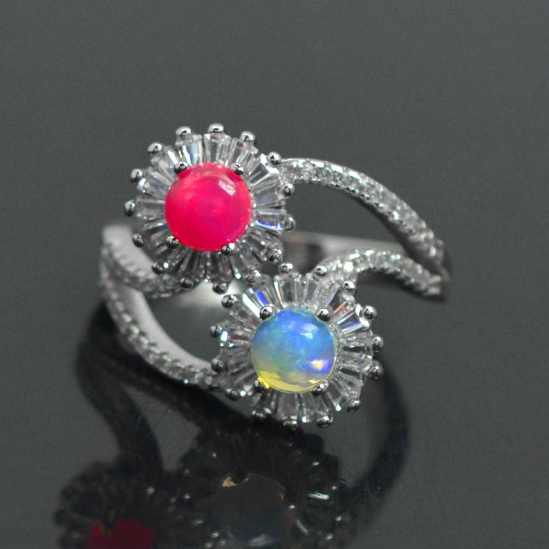 Engagement Ring 925 Silver Ring Gift for Her Opal Jewelry Dual Stone Ring Round Color Fire Opal Natural Opal Ring White Pink Opal Ring