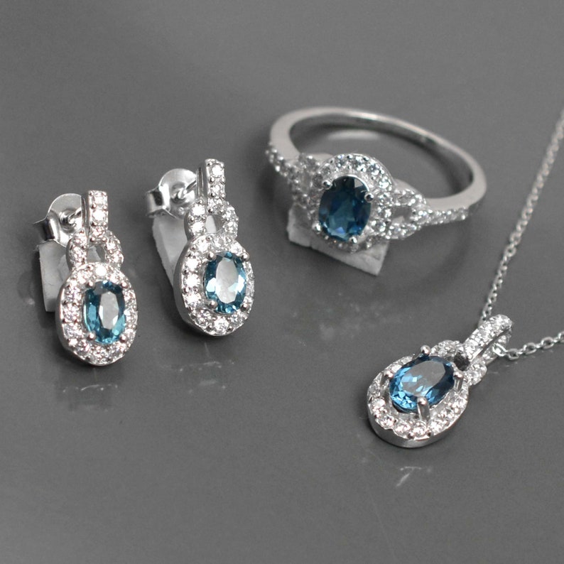 Gemstone Jewelry Set Gift For Women Natural London Blue Topaz Jewelry Set Blue Topaz Set Bridal Jewelry Set Earring Ring Earring Set