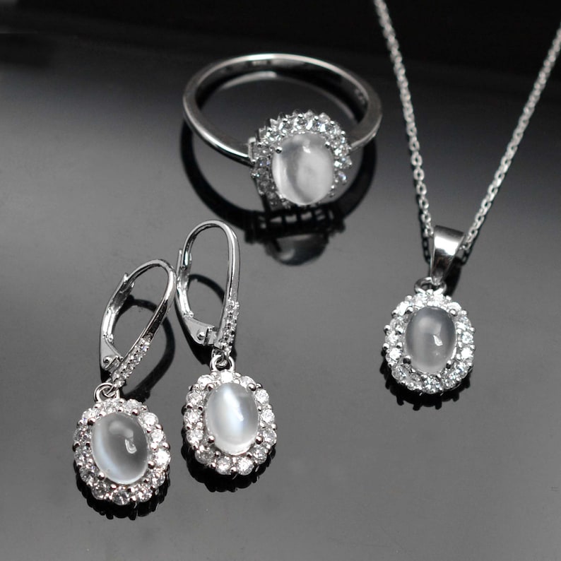 Ring Earring Necklace Set 925 Silver Jewelry Natural Moonstone Jewelry Set Gift for Her Wedding Jewelry Set Fire Cab White Moonstone
