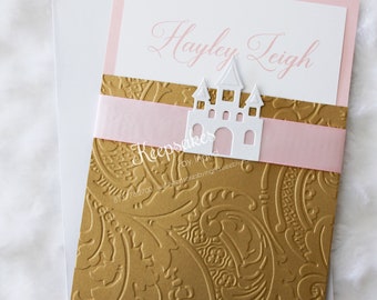 Gold tall pocket princess castle invitation