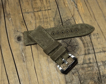 Specialtillverkat, handrullat klockarmband i canvas för Panerai i militärgrön canvas - Handgjort i Italien - Klocksvidder 20, 22, 24, 25, 26, 27 mm