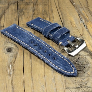 Watch Strap in rolled canvas for Panerai - Military Blue Canvas - Handmade in Italy - Ansa 20, 22, 24, 25, 26, 27 mm