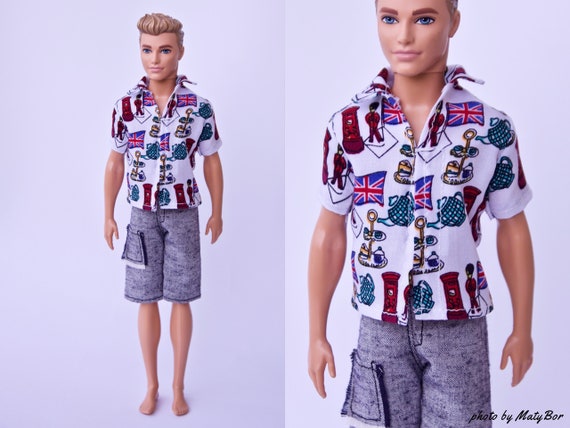 Homemade Doll Clothes-Dark Blue With Stars Print Shirt that fit Ken Doll B4