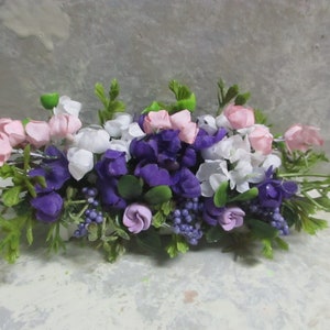 Miniature Lavender/Pink and white floral window box/polymer roses/berry accents/silk floral