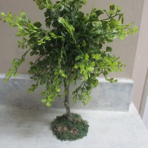 12&quot;h Miniature doll/dollhouse/diorama evergreen tree/weathered wood trunk/3&quot; round wood base/rock/moss/faux dirt