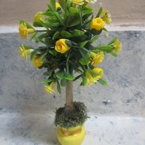 Miniature Dollhouse Yellow Rose Tree: Handcrafted Polymer Clay Floral (4 3/4&quot;)