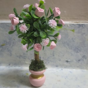 Miniature Dollhouse Pink Rose Tree: Handcrafted Polymer Clay Floral (4 3/4&quot;h)