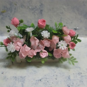 Miniature small 2 1/4&quot;w doll/dollhouse PInk/Mauve Polymer roses/carnation window box/planter/draping greenery