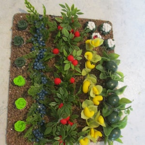 Miniature Farm/dollhouse/doll Vegetable garden 6" x 5"/Assorted polymer vegetables/Faux dirt