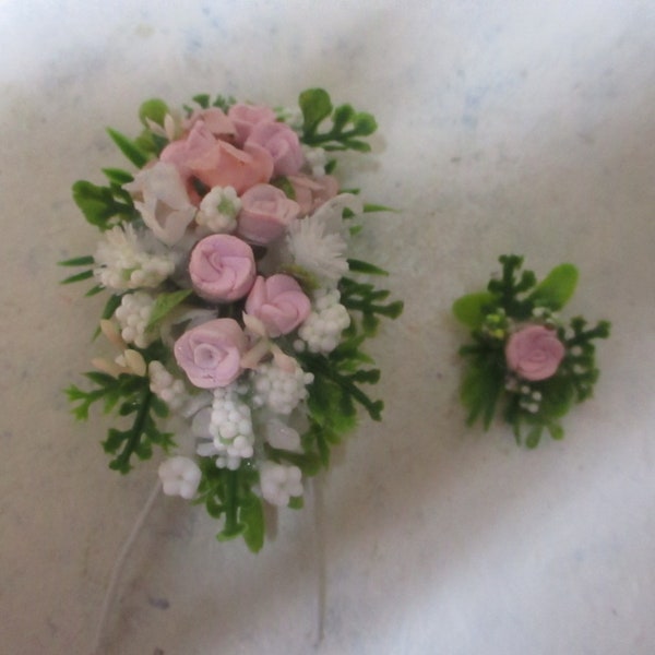 Miniature bridal doll bouquet and boutonniere for male doll/2 1/2" x 1 1/2"/pink polymer roses