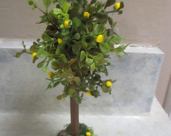 Miniature 6" doll/dollhouse lemon tree/1 1/2" wood base with rock and fallen lemon/polymer lemons