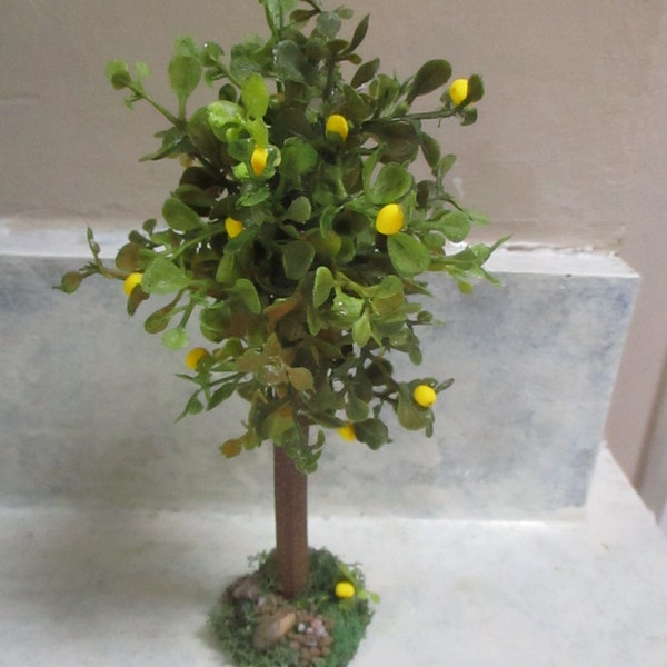 Miniature 4" doll/dollhouse lemon tree/1 " wood base with rock and fallen lemon/polymer lemons