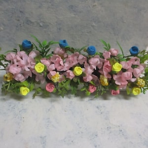 Miniature doll/dollhouse blue/pink/yellow rose window box/ferns/greenery/yellow berry accents