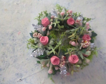 Miniature 2 1/2" Victorian doll/dollhouse wreath/roses/berries/silver sparkle accents/pink berries/greenery