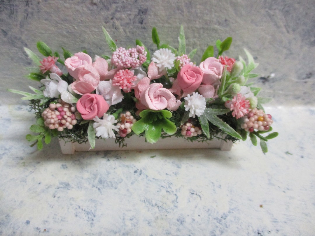 Miniature Pink/white and Mauve Window Box/roses/silk Floral and Berry